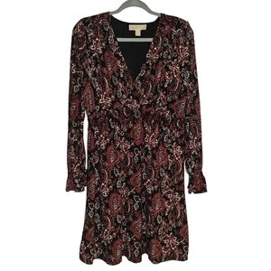 Michael Kors Women Short VNeck Ruffle Sleeve Fall Paisley Dress Black Multi Sz M